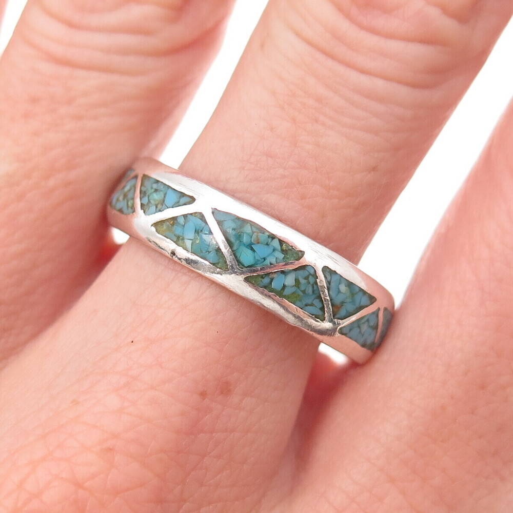 Old Pawn 925 Sterling Silver Vintage Turquoise Inlay Tribal Band Ring Size 11.5